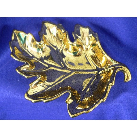 Dish Leaf Shaped Candy Vanity Trinket Pin Soap Bright Gold Tone Crackle Finish - Picture 2 of 9